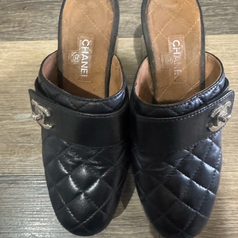 Chanel Black Quilted Mules with Silver Logo - Picture 2 of 6